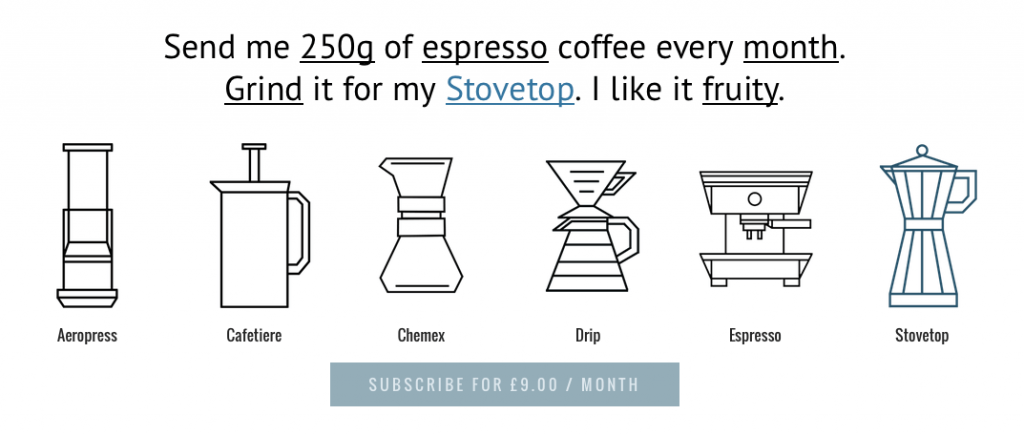 Ordering coffee via a natural language form on http://departmentofcoffee.com/product/subscription/