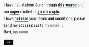 Request form for early access on senz.io