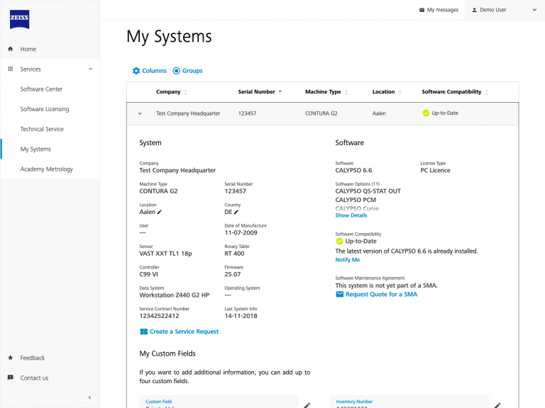 ZEISS Metrology Portal – My Systems